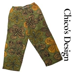 Chicos Design Pants Womens 0 Green 100% Linen Floral Wide Leg Crop Boho Vintage